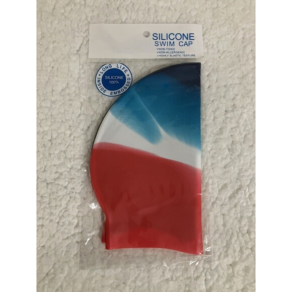 Swim/Bathing Cap. Unisex. Adult. Long Hair. Blue, White and Red. Silicone. New. - Picture 2 of 2